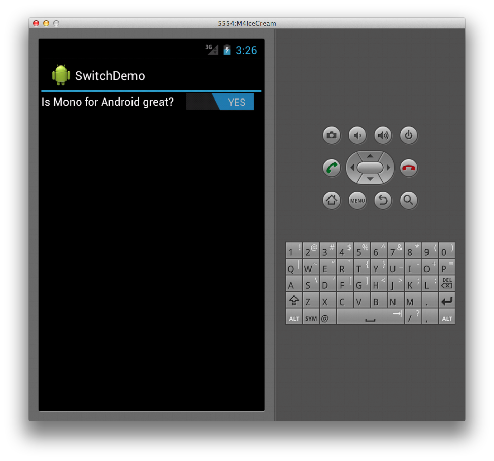 Screenshot of demo app with text horizontally preceding the Switch widget