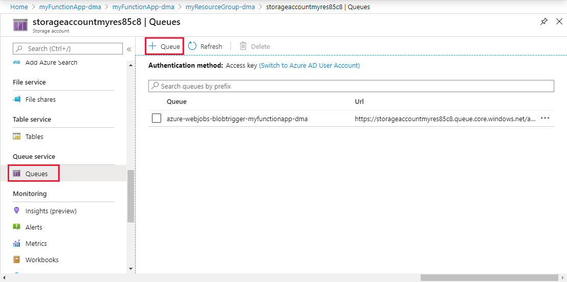Add a queue to your storage account in the Azure portal.