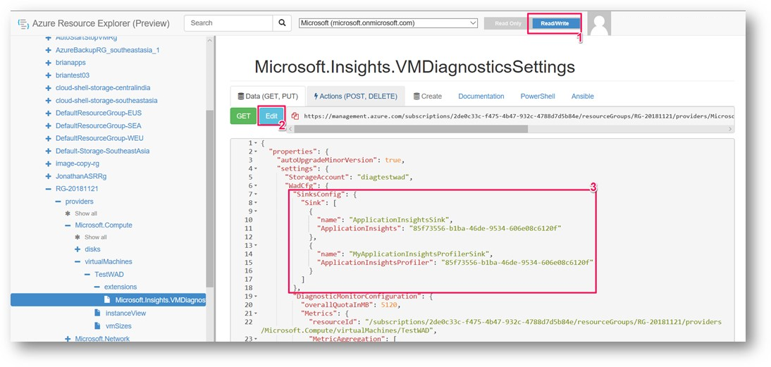 Screenshot that shows adding the Application Insights Profiler sink.