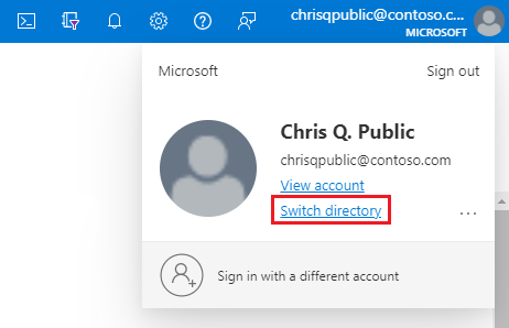 Screenshot of the Azure portal showing where to switch your directory.