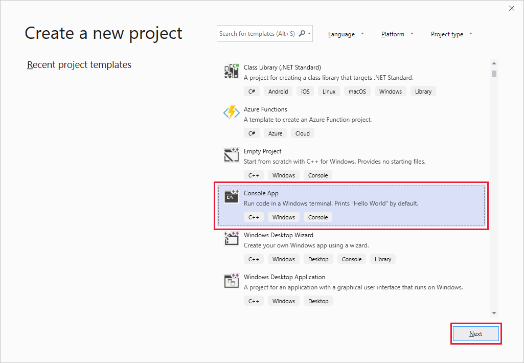 Create a new project, C++ - Visual Studio