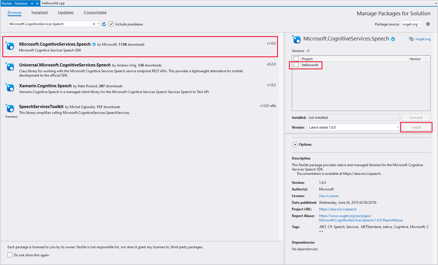 Microsoft.CognitiveServices.Speech C++ package install - Visual Studio