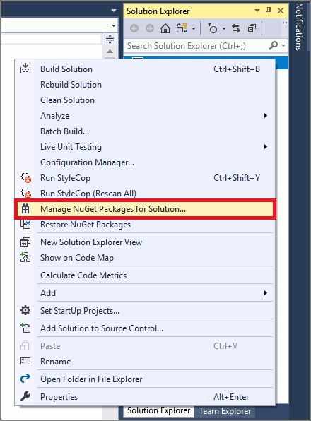 Screenshot of Solution Explorer, with Manage NuGet Packages for Solution highlighted.