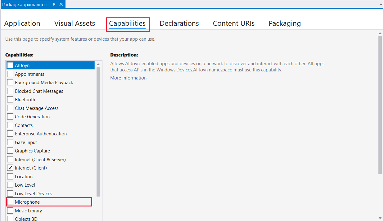 Capabilities tab, Package application manifest - Visual Studio