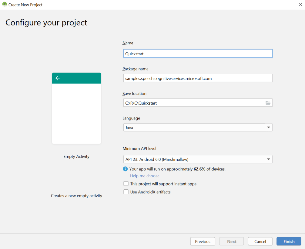 Screenshot of Configure your project wizard