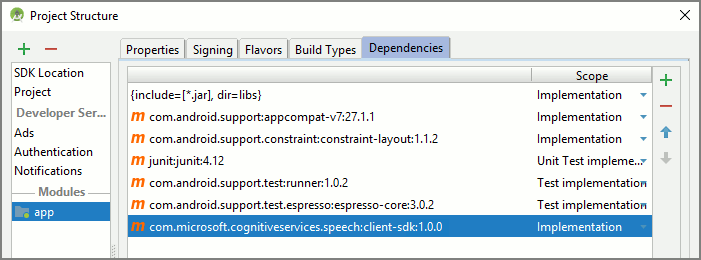 Screenshot of Speech SDK in the list of dependencies