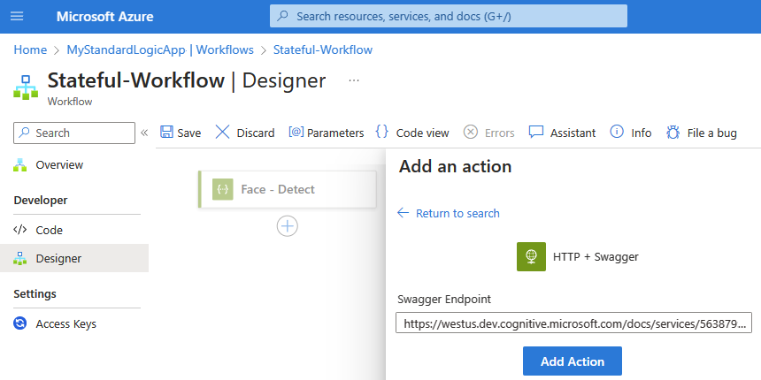 Screenshot shows Standard workflow designer with trigger named Face - Detect, and action named httpswaggeraction. The Swagger Endpoint property is set to a URL value.