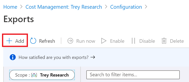 Screenshot showing the Create new export option with a management group scope.