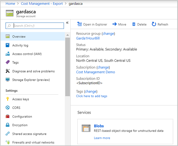 Screenshot showing the Storage account page with example information and link to Open in Explorer.
