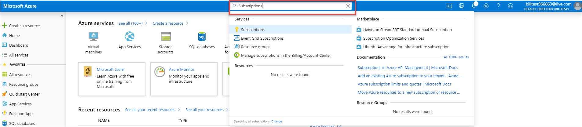 Screenshot that shows search in the Azure portal for subscriptions.
