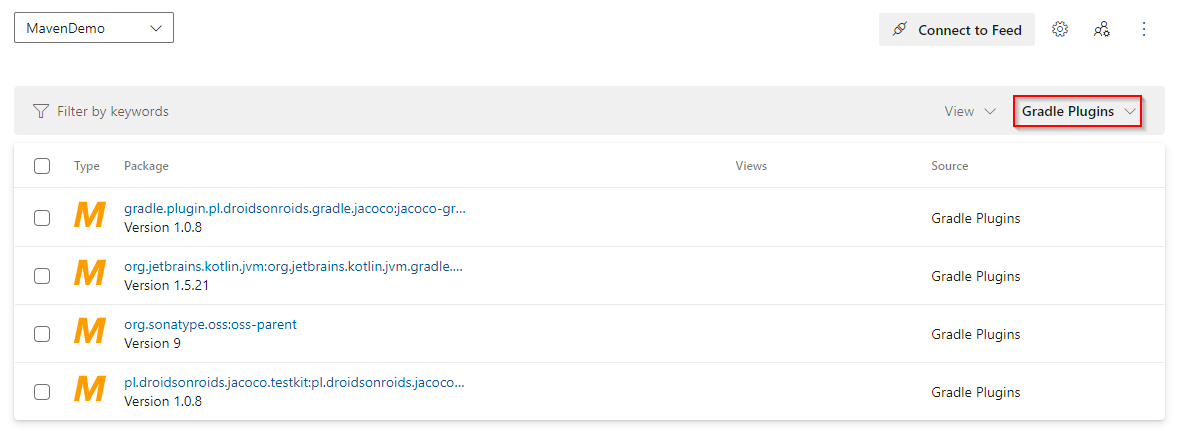 A screenshot showing packages from Gradle Plugins.