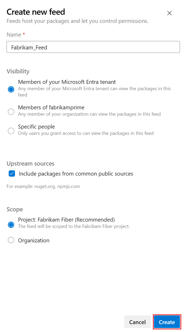 A screenshot showing how to create a new feed in Azure DevOps Services.