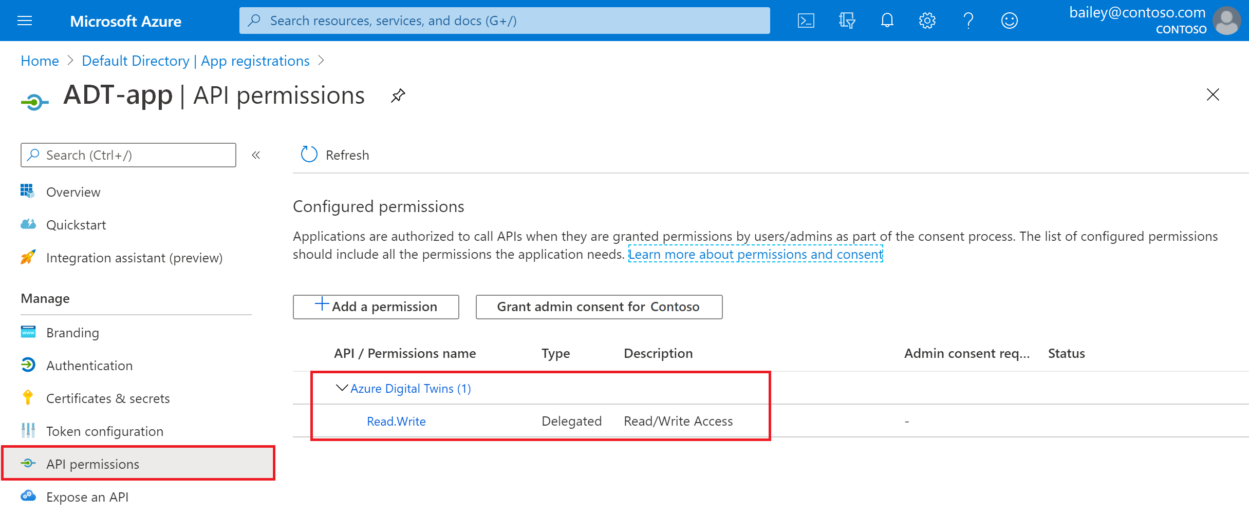 Screenshot of the API permissions for the Microsoft Entra app registration in the Azure portal, showing 'Read/Write Access' for Azure Digital Twins.