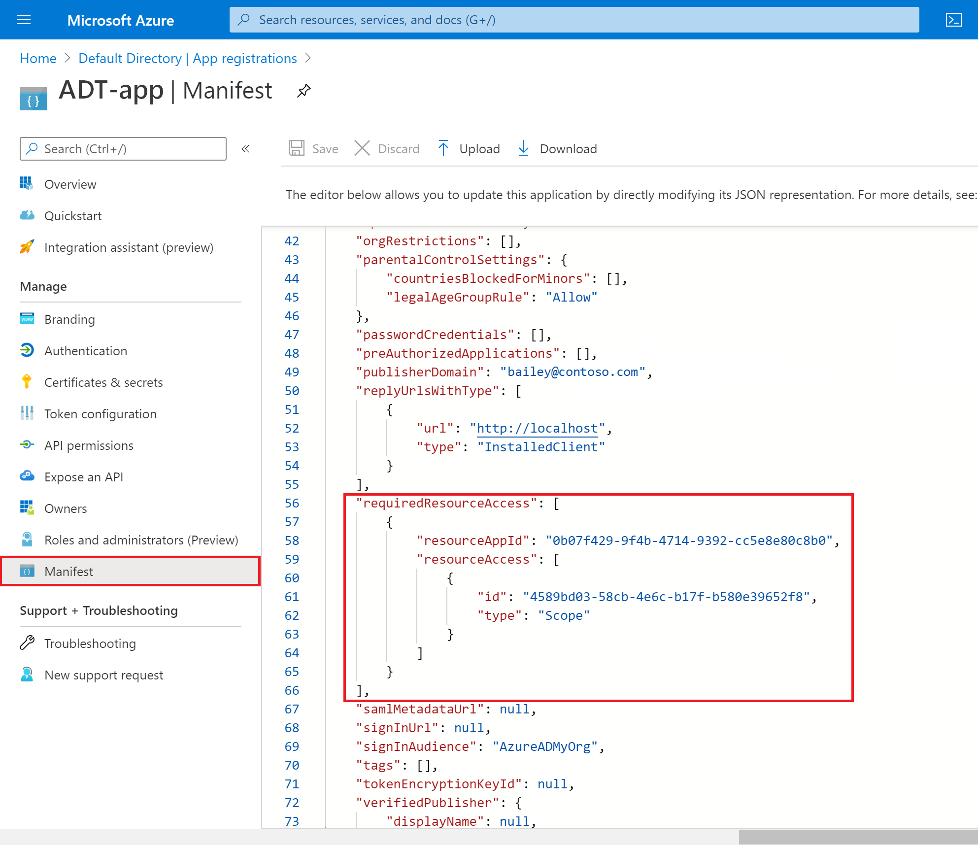 Screenshot of the manifest for the Microsoft Entra app registration in the Azure portal.