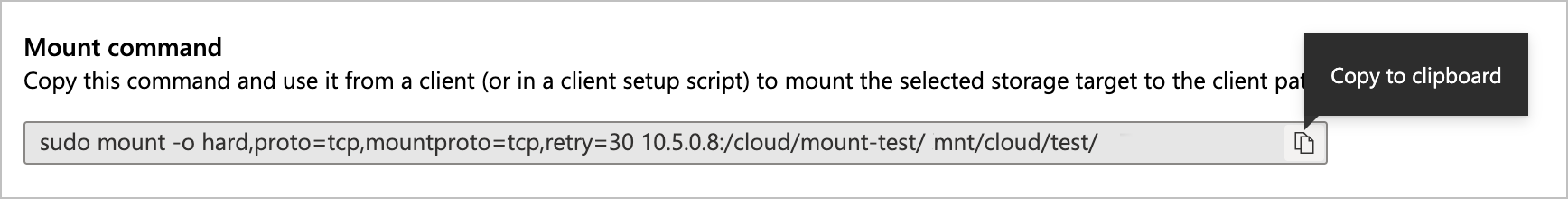 screenshot of the prototype mount command field, showing hover text for the "copy to clipboard" button