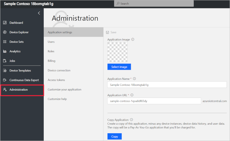 Screenshot of IoT application page where can access various configuration settings for the application.