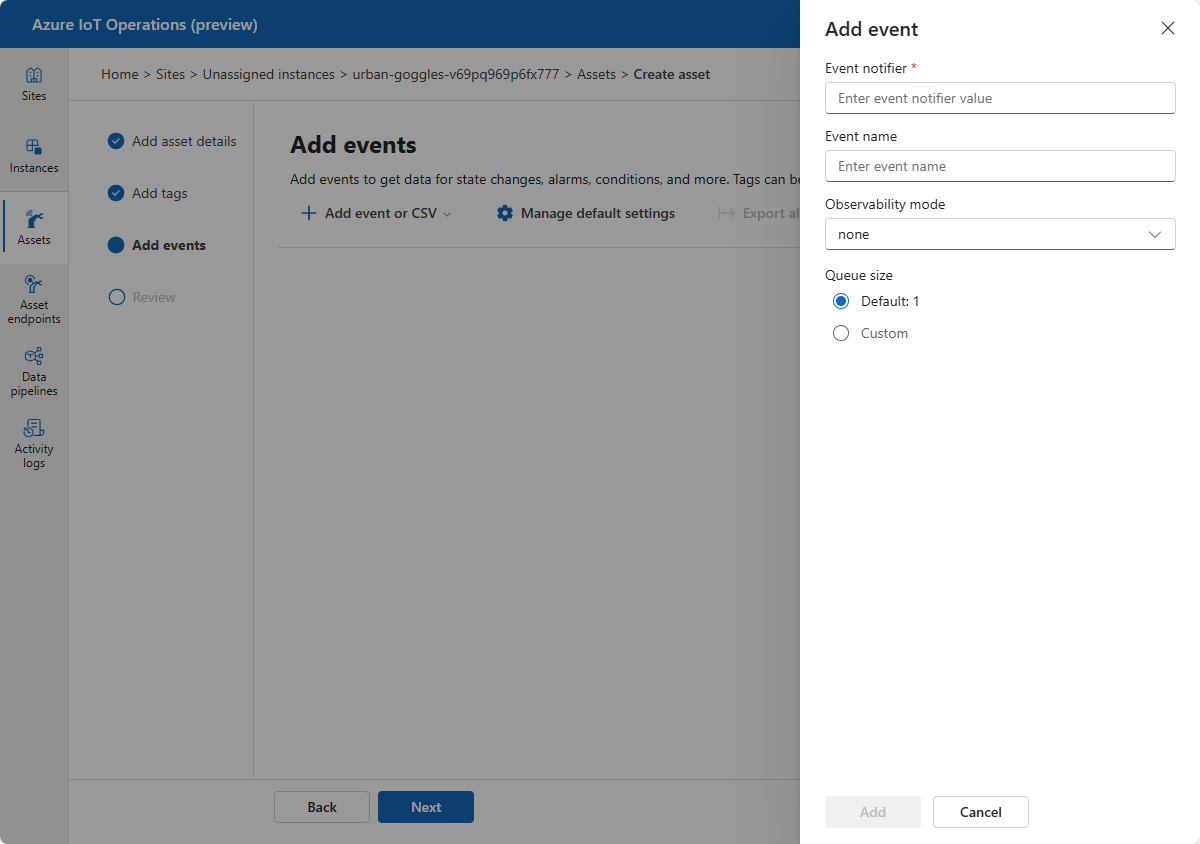 Screenshot that shows adding events in the Azure IoT Operations (preview) portal.