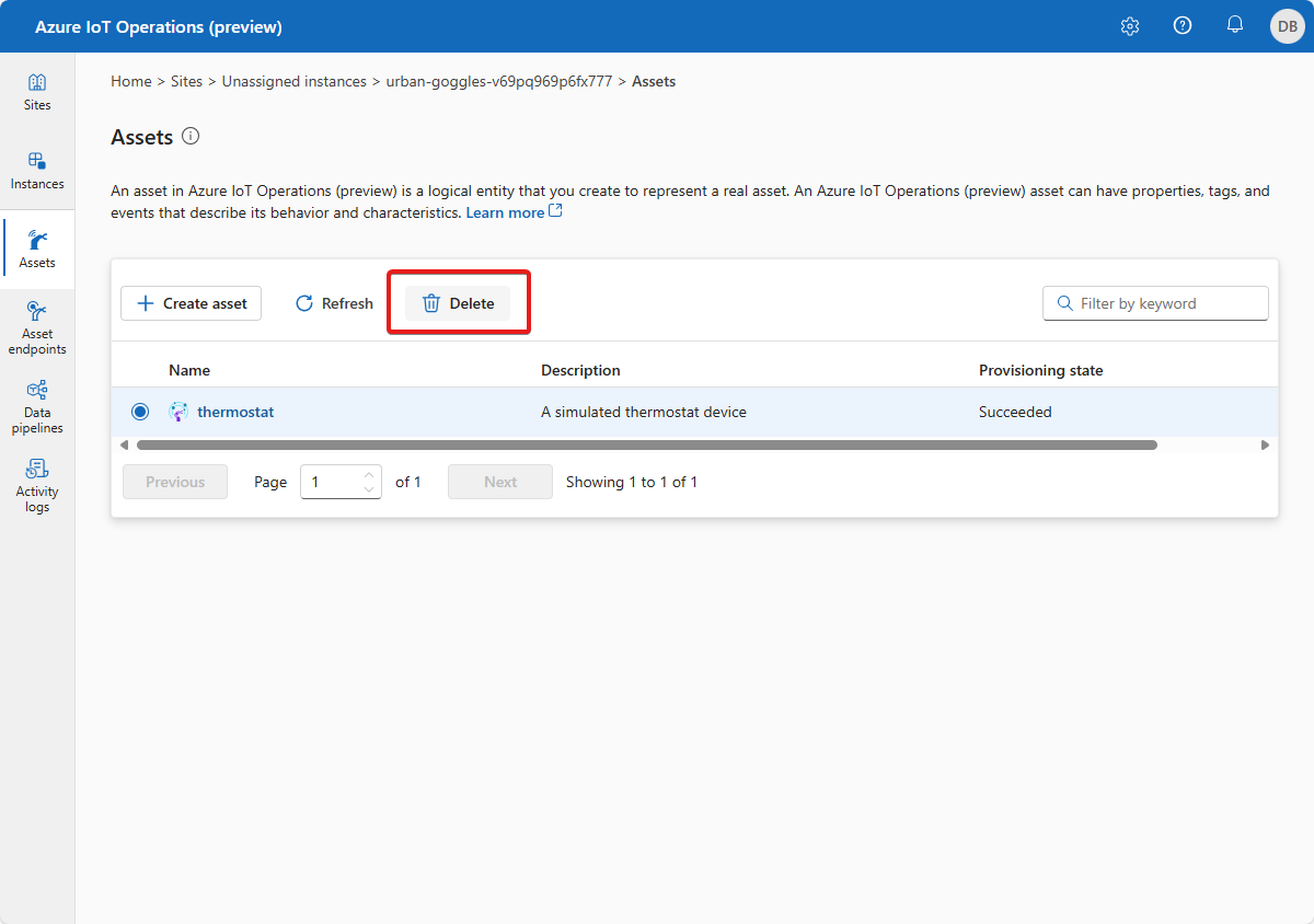 A screenshot that shows how to delete an asset from the Azure IoT Operations (preview) portal.