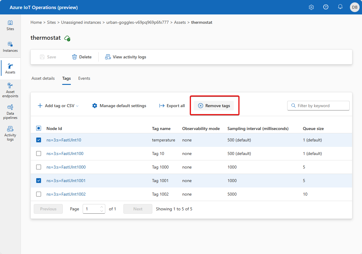 A screenshot that shows how to delete a tag in the Azure IoT Operations (preview) portal.