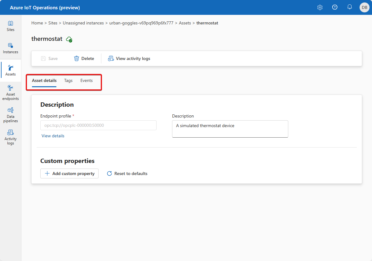A screenshot that shows how to update an existing asset in the Azure IoT Operations (preview) portal.