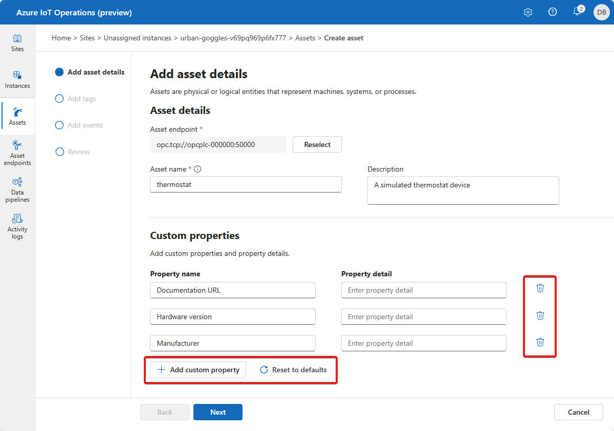 Screenshot that shows how to add asset details in the Azure IoT Operations (preview) portal.