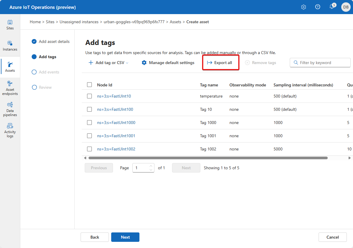 A screenshot that shows how to export tag definitions from an asset in the Azure IoT Operations (preview) portal.