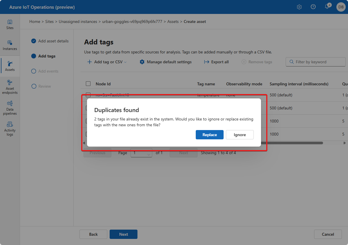 A screenshot that shows the error message when you import duplicate tag definitions in the Azure IoT Operations (preview) portal.