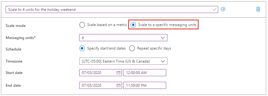 scale to specific messaging units - start and end dates