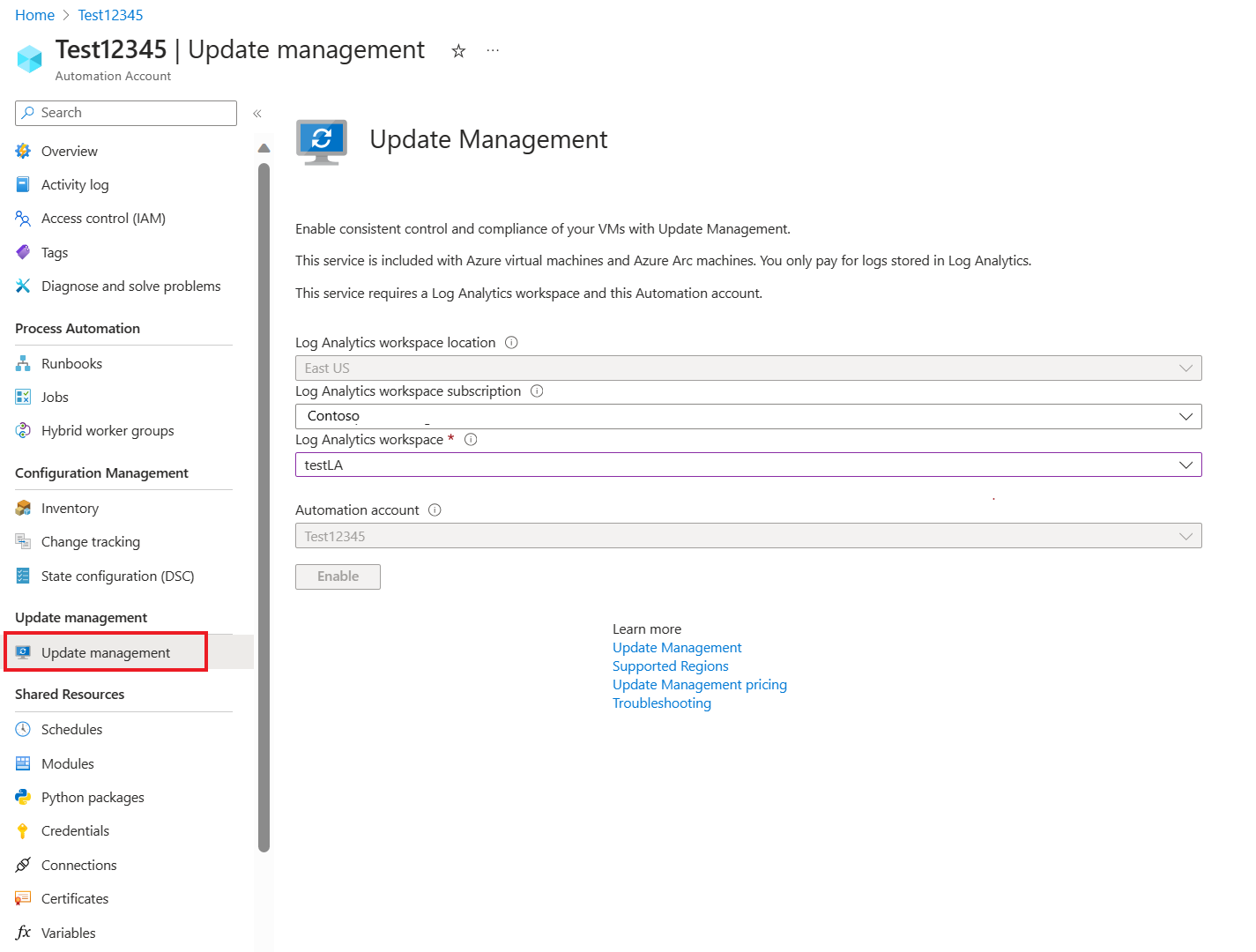 Enable Update Management solution