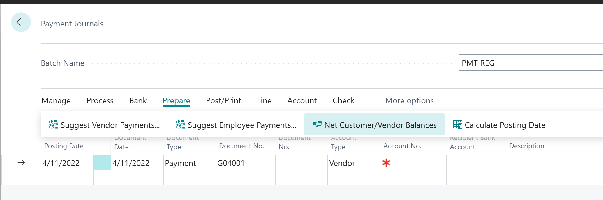 Shows Net Customer/Vendor Balances action on Payment Journal page