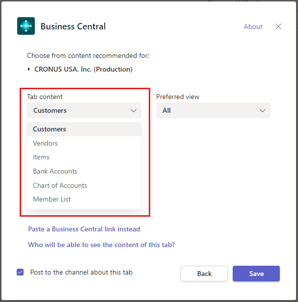 Shows the configuration window for a Business Central tab in Teams.