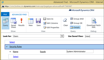 Advanced Find dialog box in Dynamics 365 Customer Engagement (on-premises).