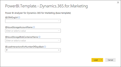 The connection dialog for connecting your Power BI template to the relevant data sources.