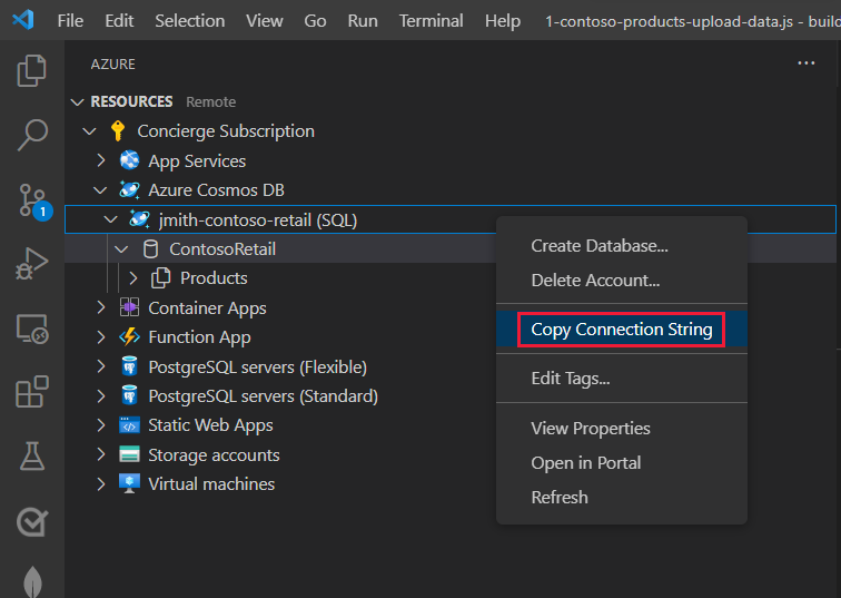 Screenshot of the Visual Studio Code with Cosmos D B account name selected and the submenu to Copy Connection String highlighted.