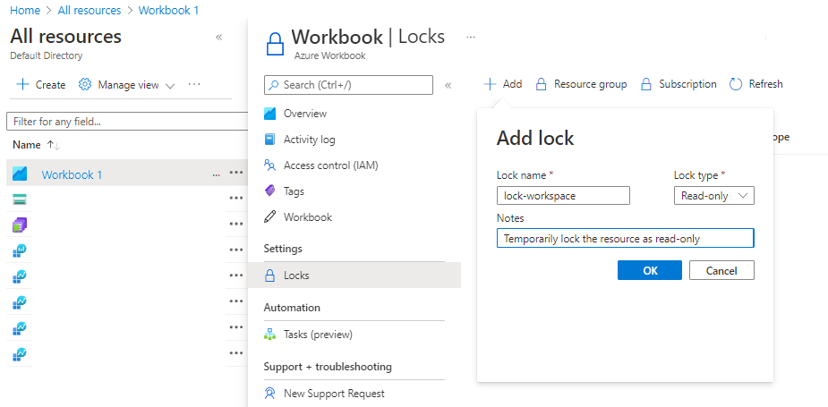 Screenshot that shows how to lock a resource in the Azure portal.