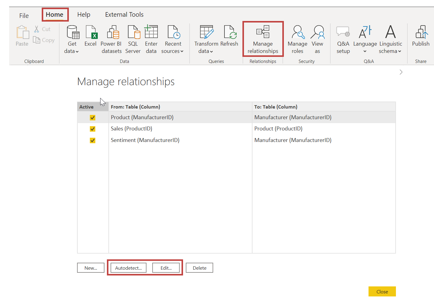 Screenshot of the Manage Relationships button and dialog.