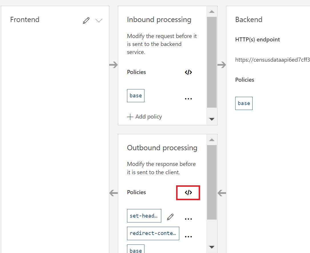 Screenshot of the Design tab with the Policies icon highlighted in the Outbound processing section.