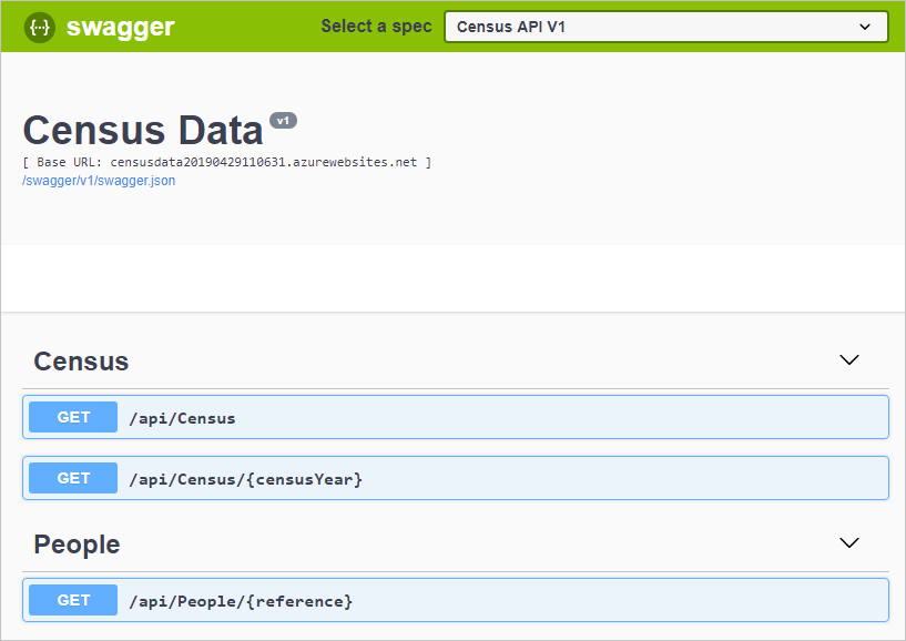 Screenshot of the Swagger page for the API, showing the RESTful endpoints.