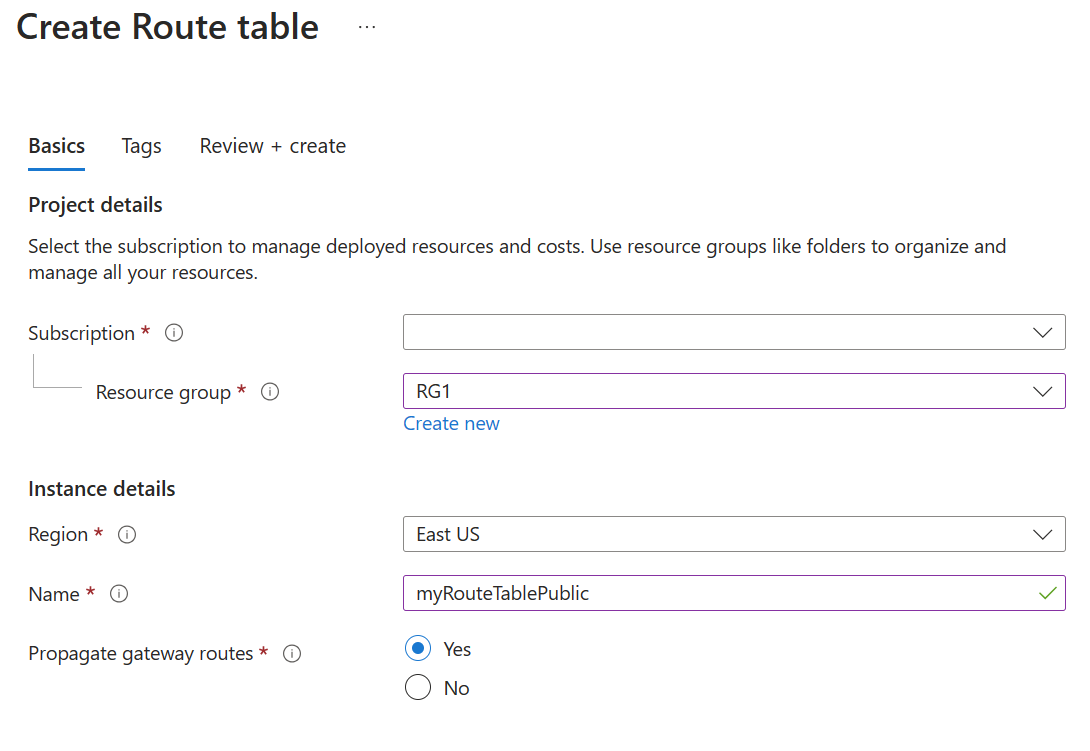 Screenshot of the Create route table blade in the Azure portal.