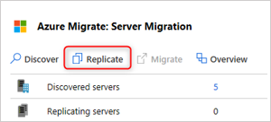 Screenshot of the Azure Migrate: Server Migration panel with the Replicate button highlighted in red. The screenshot shows the number of discovered servers at 5 and the number of replicating servers at 0. 
