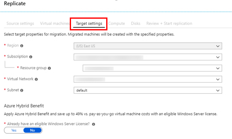 Screenshot of the Target settings options in the Replicate blade. Target settings is highlighted with a red border. Target properties are shown: Region, Subscription, Resource group, Virtual Network, Subnet, and Azure Hybrid Benefit. 