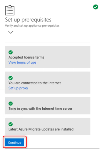Screenshot of the Azure Migrate appliance web app, showing the options to configure and set up appliance prerequisites options.