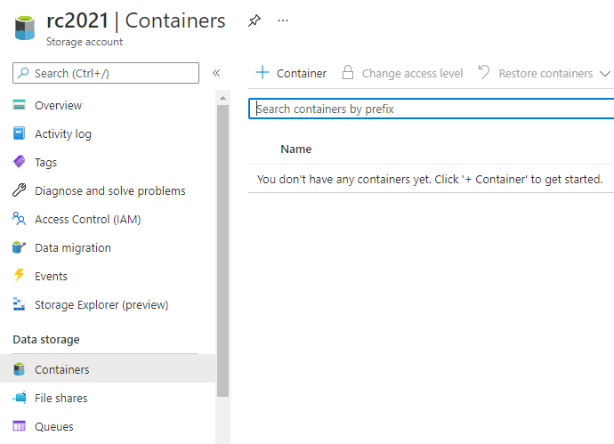 Image of the storage account page. The user has selected Containers under Data Lake Storage.
