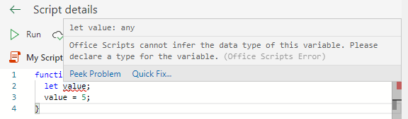 An error message in the Code Editor's hover text with a 'Quick Fix' button.