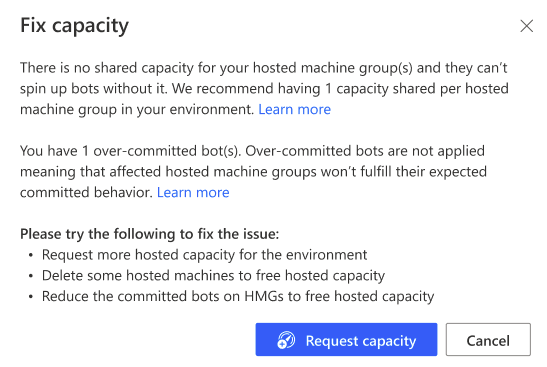 Hosted fix capacity actions