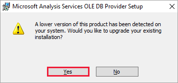 Screenshot of dialog to confirm an upgrade during installation of Excel O L E D B provider client libraries.