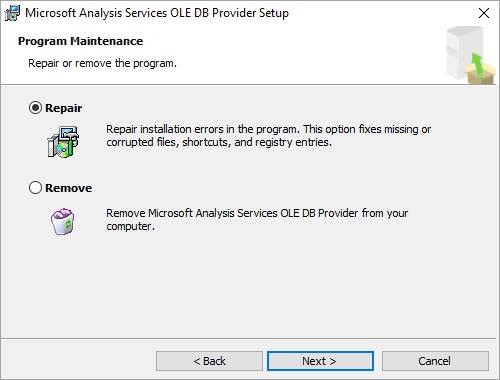 Screenshot of dialog asking to update if a newer version of Excel O L E D B provider client library is available.