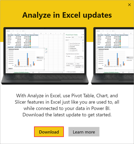 Screenshot of Analyze in Excel updates dialog to select Download or preview button.