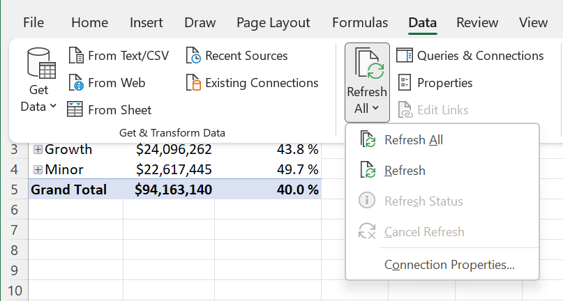 Select Data in the Excel ribbon and select Refresh.