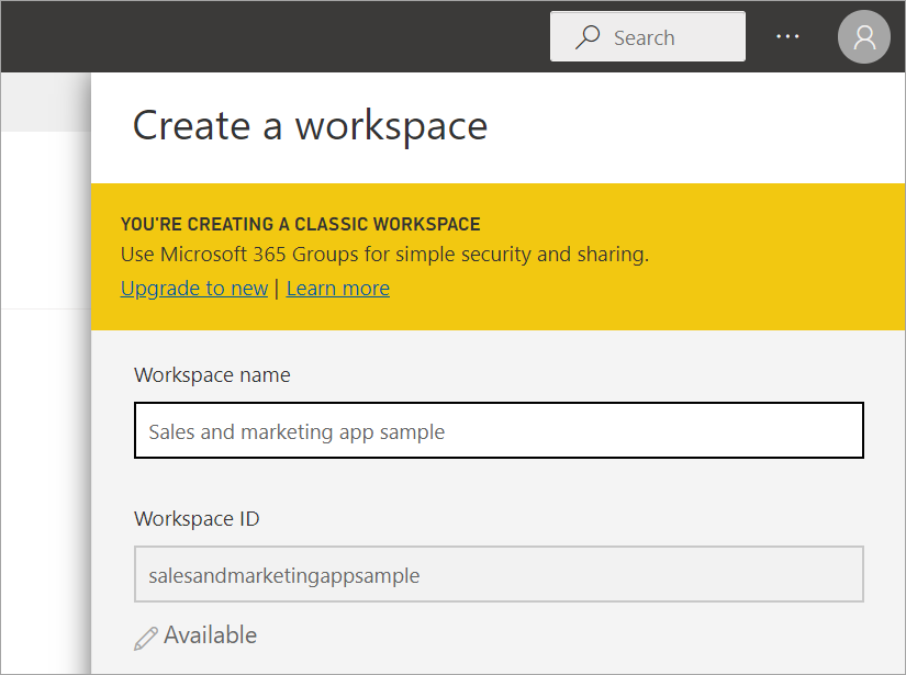 Screenshot of Name the workspace.